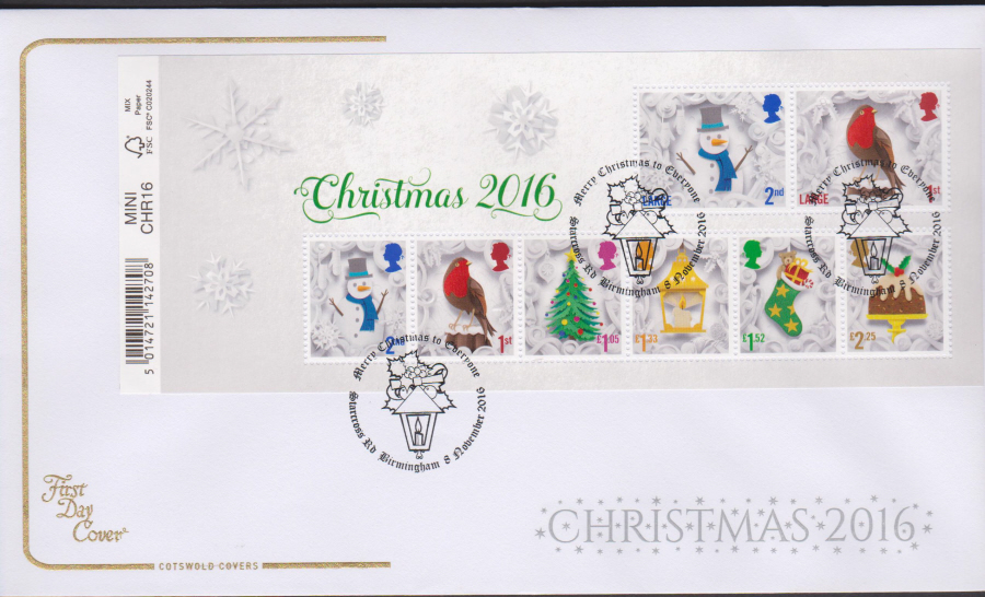 2016 - Christmas Miniature Sheet Cotswold First Day Cover, Starcross Rd Birmingham Postmark